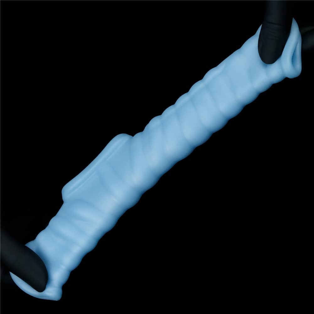 The blue vibrating wave cock ring with scrotum sleeve is ultra-stretchy