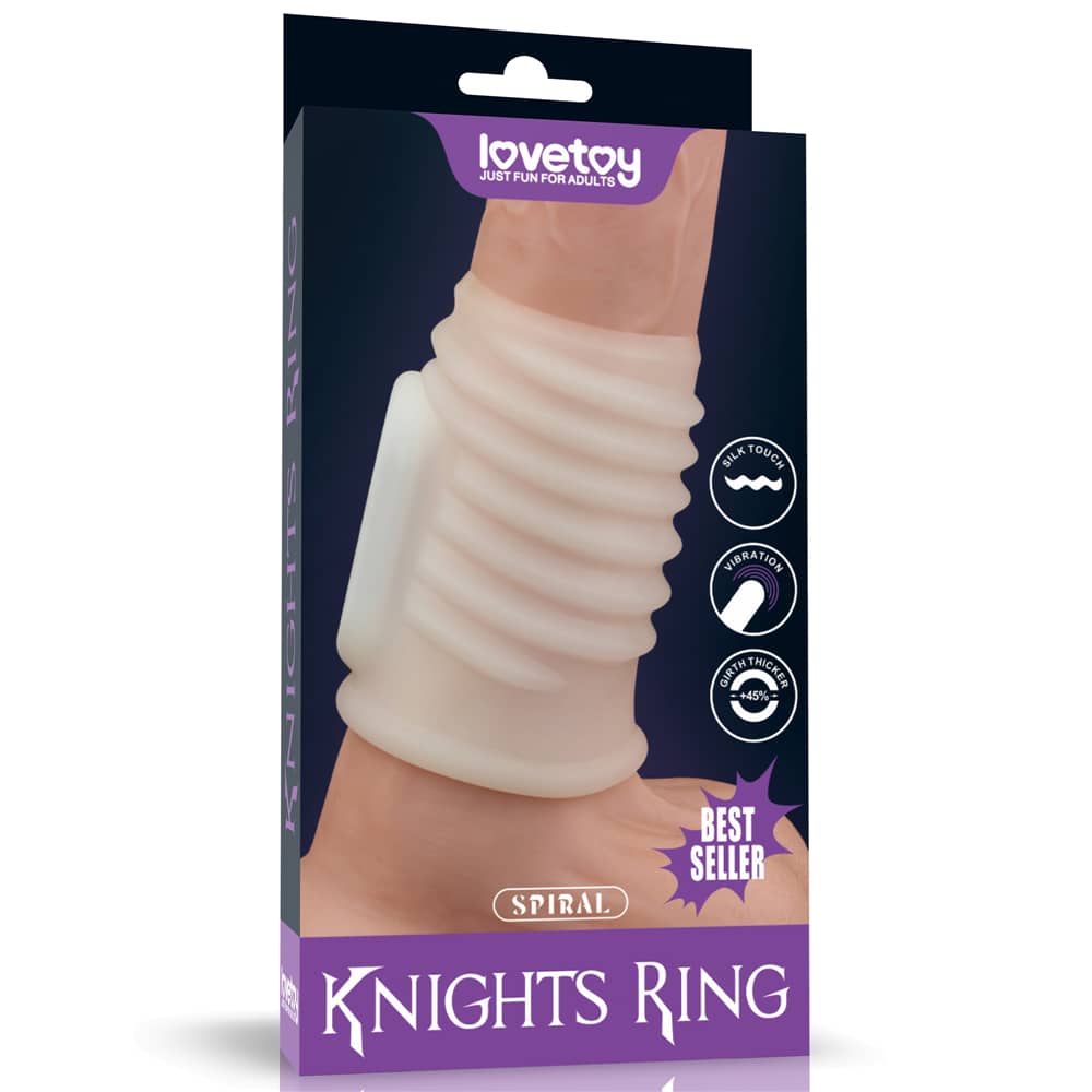 The packaging of the white vibrating spiral knights ring  