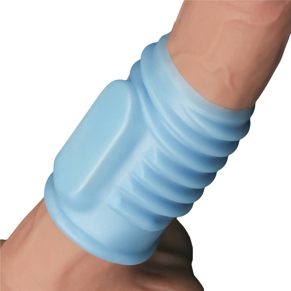 The blue vibrating spiral knights ring  worn on dildo